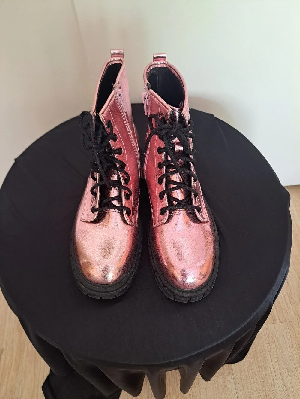 Metallic Pink Lace-Up Combat Boots with Chunky Black Sole